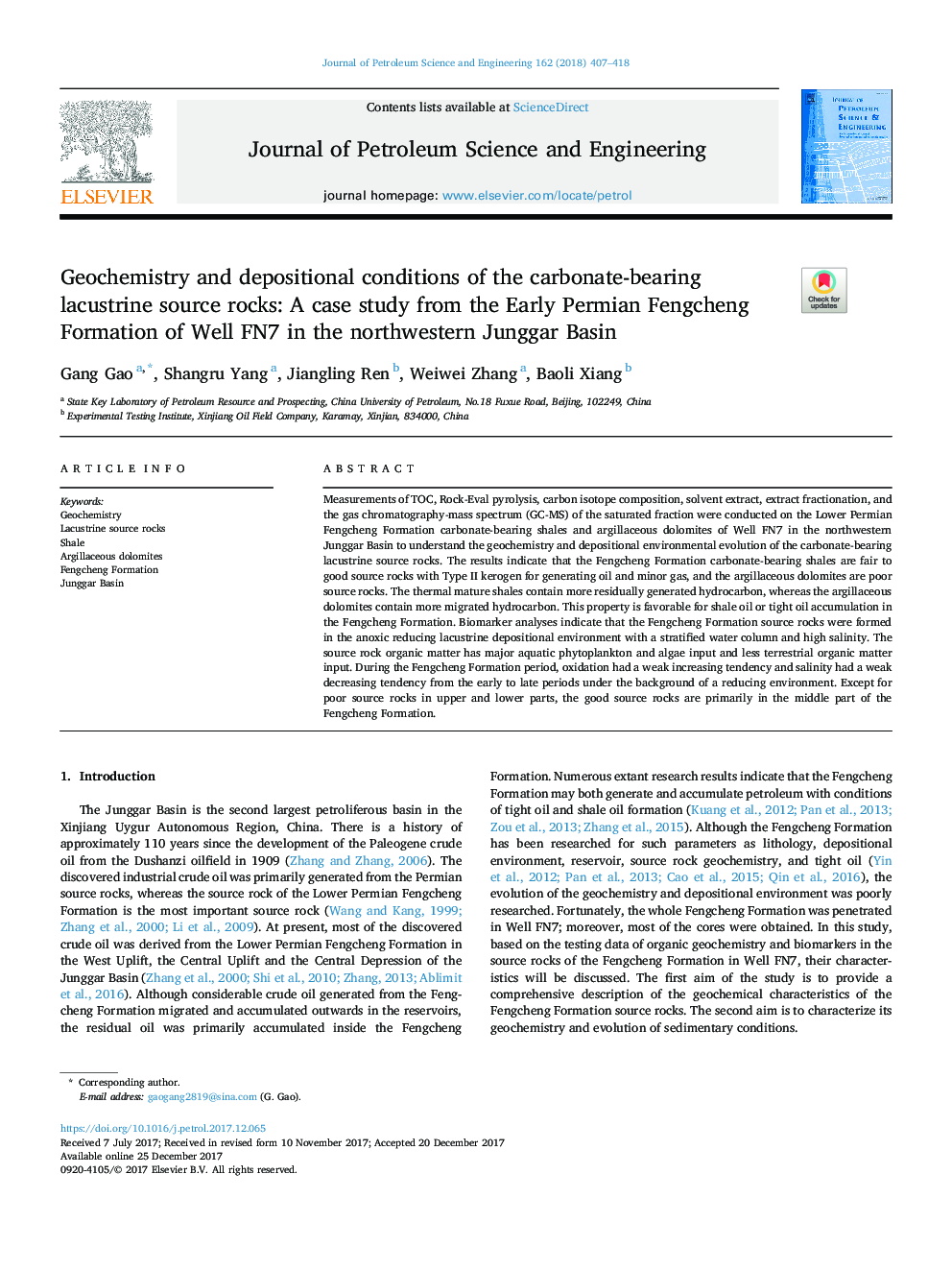 Geochemistry and depositional conditions of the carbonate-bearing lacustrine source rocks: A case study from the Early Permian Fengcheng Formation of Well FN7 in the northwestern Junggar Basin