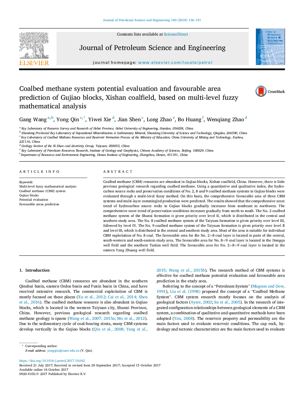 عکس صفحه اول مقاله: Coalbed methane system potential evaluation and favourable area prediction of Gujiao blocks, Xishan coalfield, based on multi-level fuzzy mathematical analysis Coalbed methane system potential evaluation and favourable area prediction of Gujiao blocks, Xishan coalfield, based on multi-level fuzzy mathematical analysis