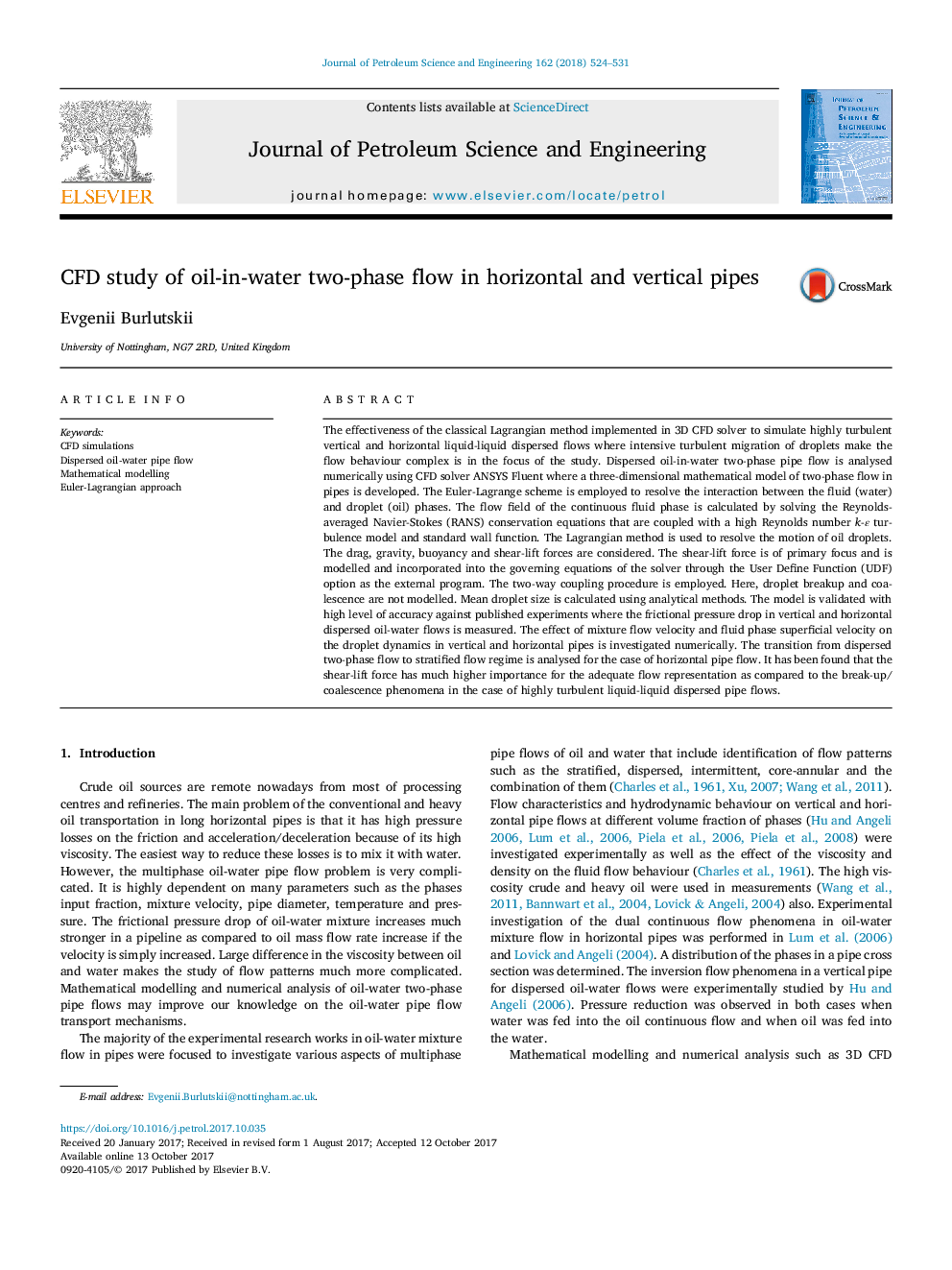 CFD study of oil-in-water two-phase flow in horizontal and vertical pipes