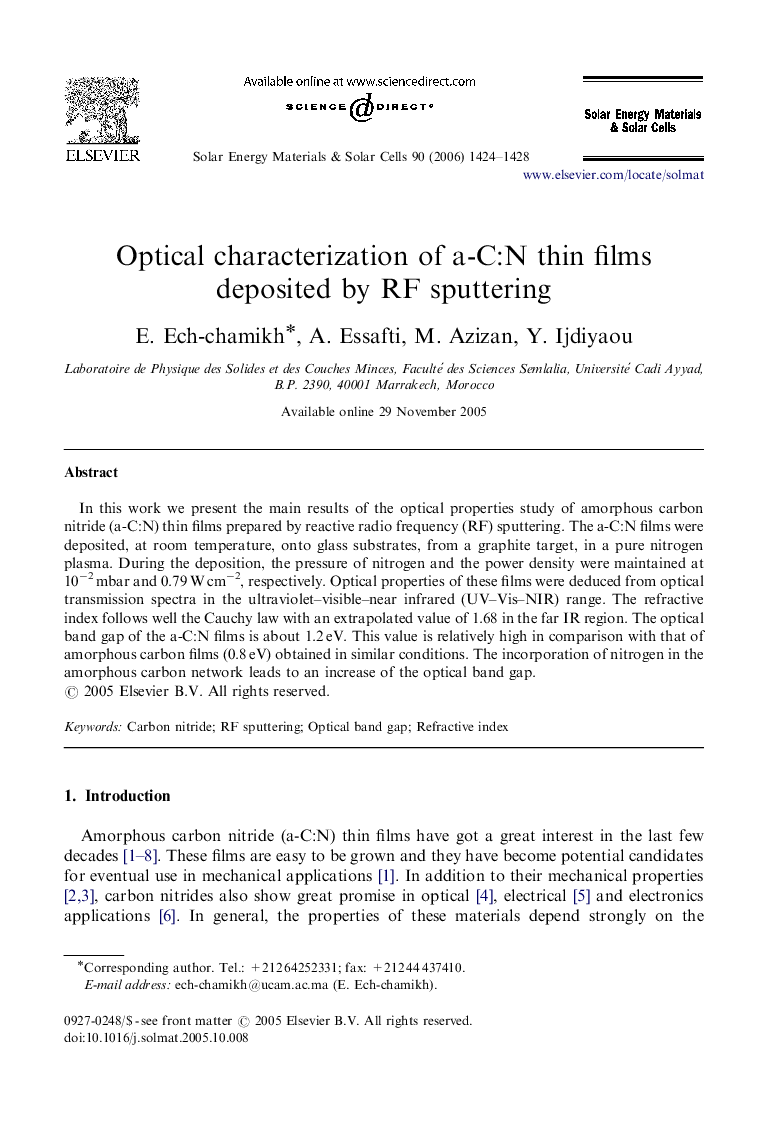 Optical characterization of a-C:N thin films deposited by RF sputtering