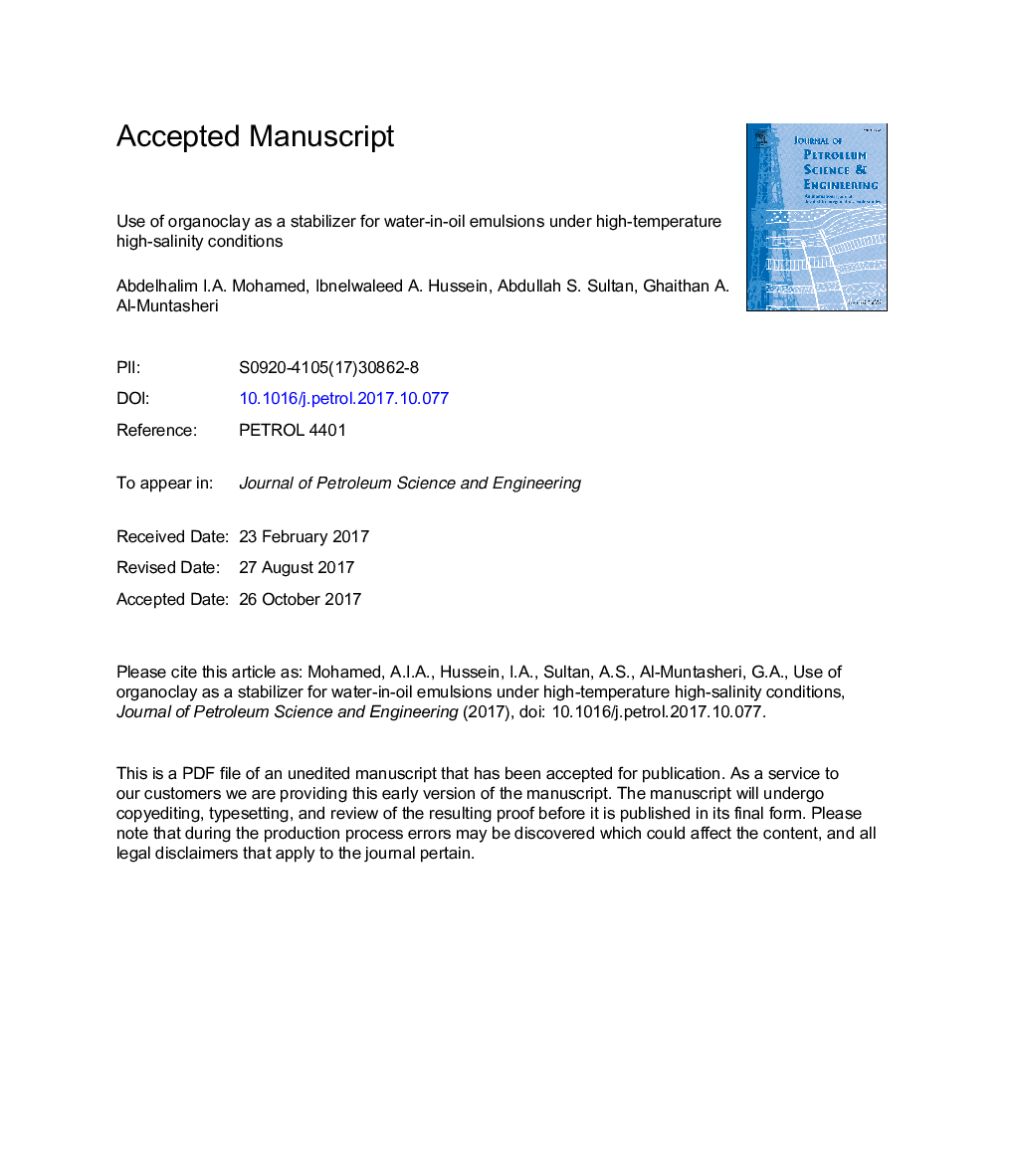 Use of organoclay as a stabilizer for water-in-oil emulsions under high-temperature high-salinity conditions