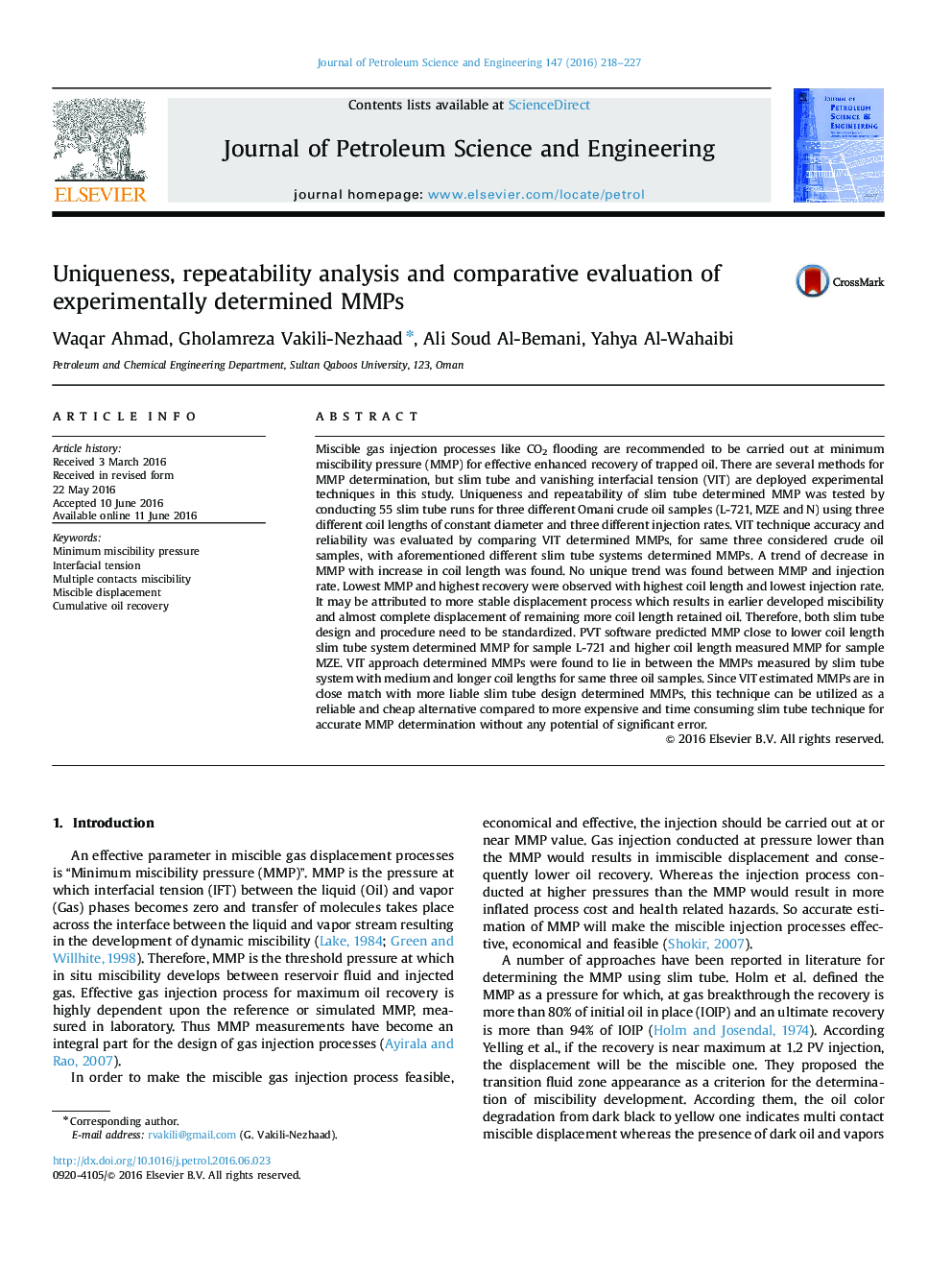Uniqueness, repeatability analysis and comparative evaluation of experimentally determined MMPs