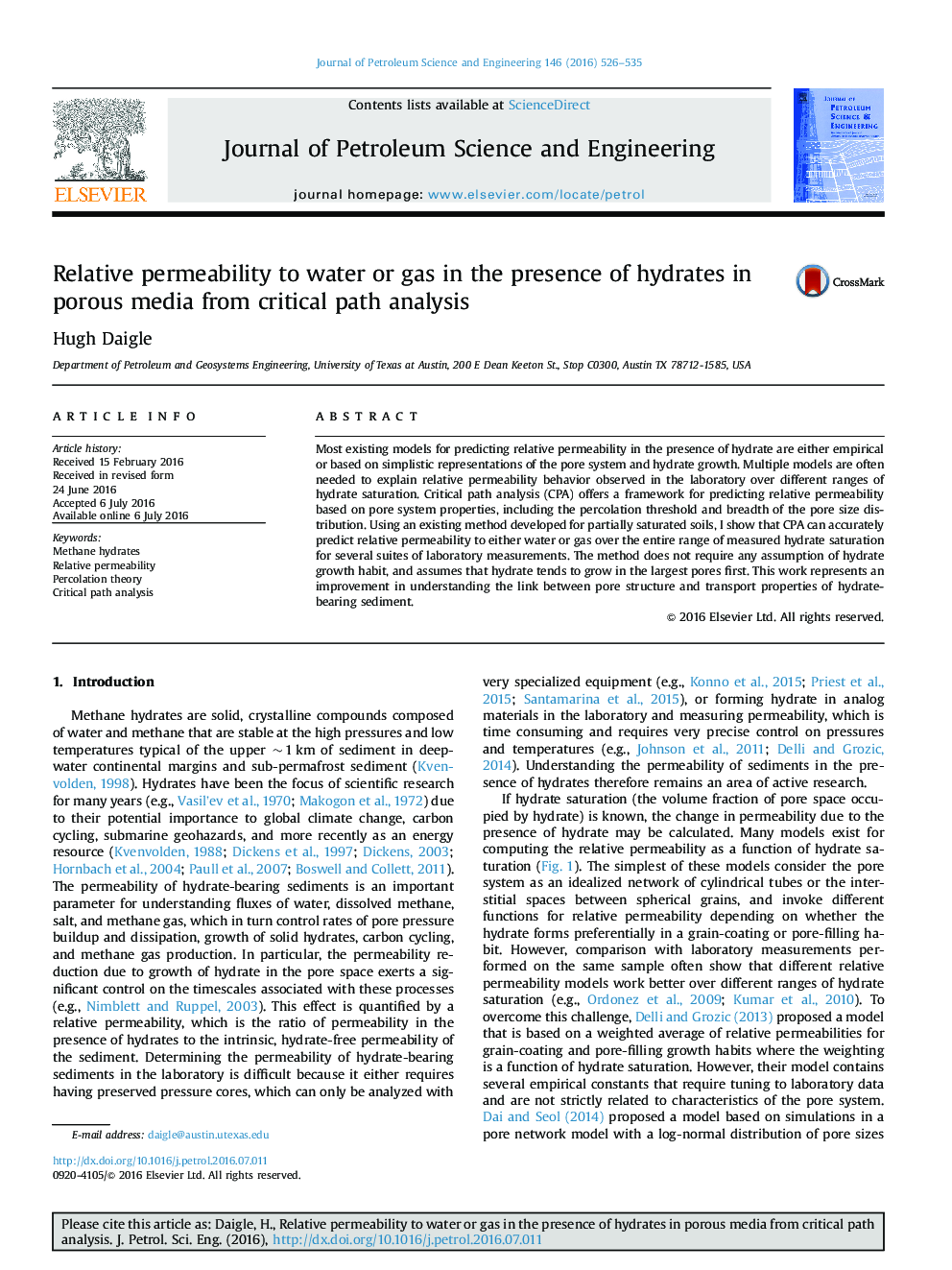 Relative permeability to water or gas in the presence of hydrates in porous media from critical path analysis