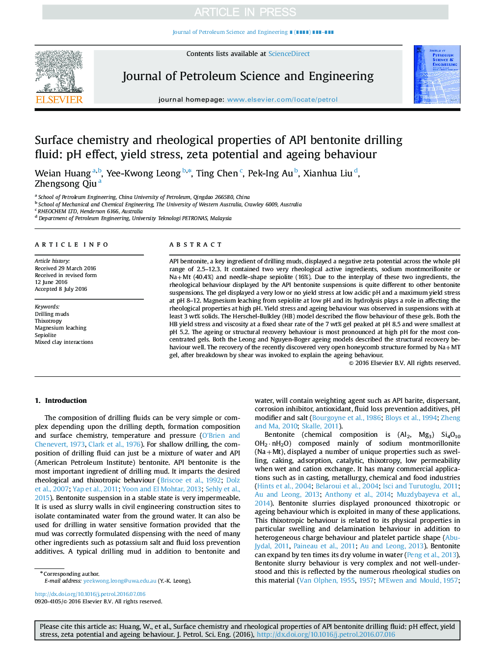 Surface chemistry and rheological properties of API bentonite drilling fluid: pH effect, yield stress, zeta potential and ageing behaviour