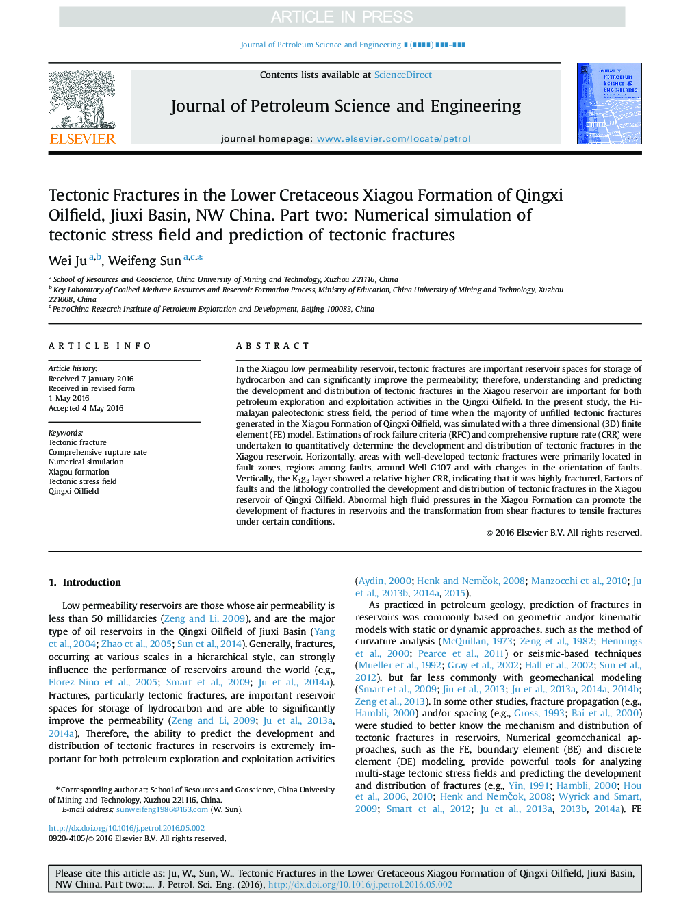 Tectonic Fractures in the Lower Cretaceous Xiagou Formation of Qingxi Oilfield, Jiuxi Basin, NW China. Part two: Numerical simulation of tectonic stress field and prediction of tectonic fractures