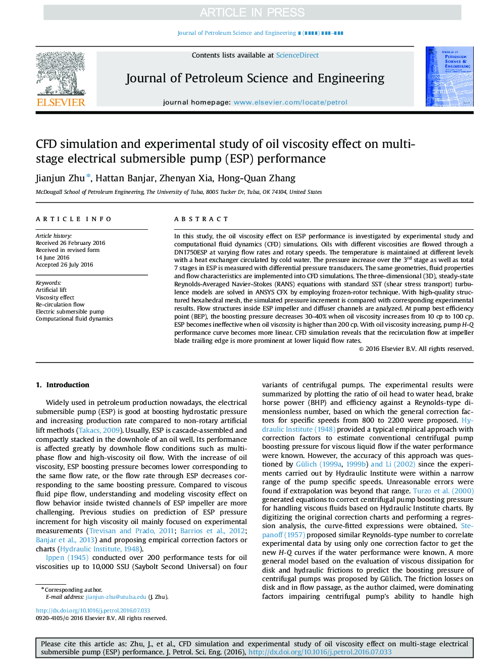 CFD simulation and experimental study of oil viscosity effect on multi-stage electrical submersible pump (ESP) performance