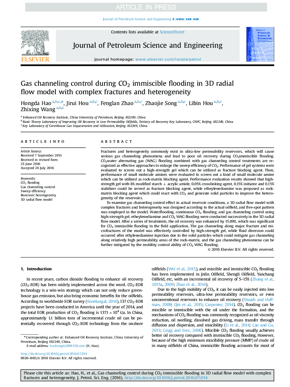Gas channeling control during CO2 immiscible flooding in 3D radial flow model with complex fractures and heterogeneity