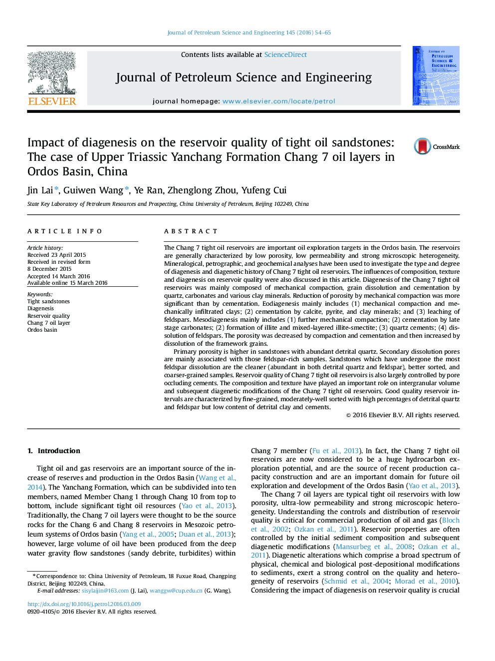 Impact of diagenesis on the reservoir quality of tight oil sandstones: The case of Upper Triassic Yanchang Formation Chang 7 oil layers in Ordos Basin, China