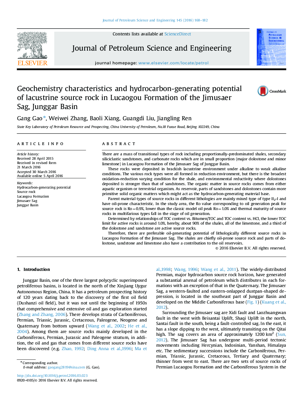 Geochemistry characteristics and hydrocarbon-generating potential of lacustrine source rock in Lucaogou Formation of the Jimusaer Sag, Junggar Basin