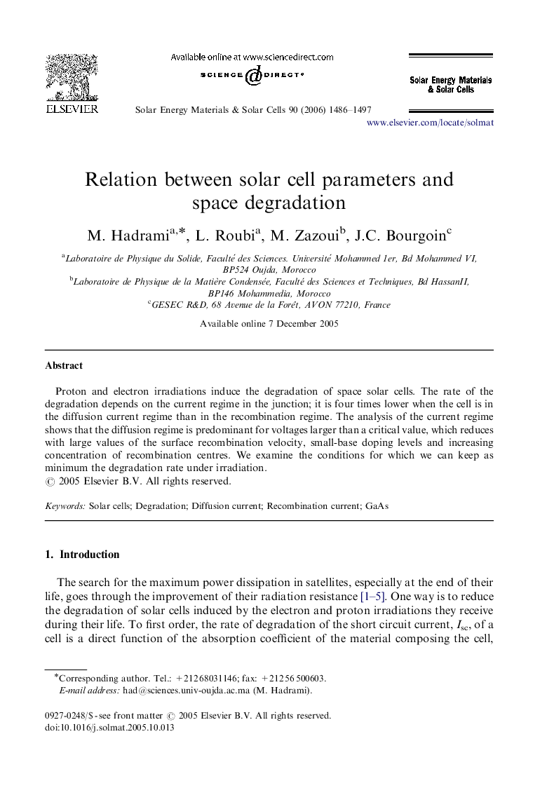 Relation between solar cell parameters and space degradation