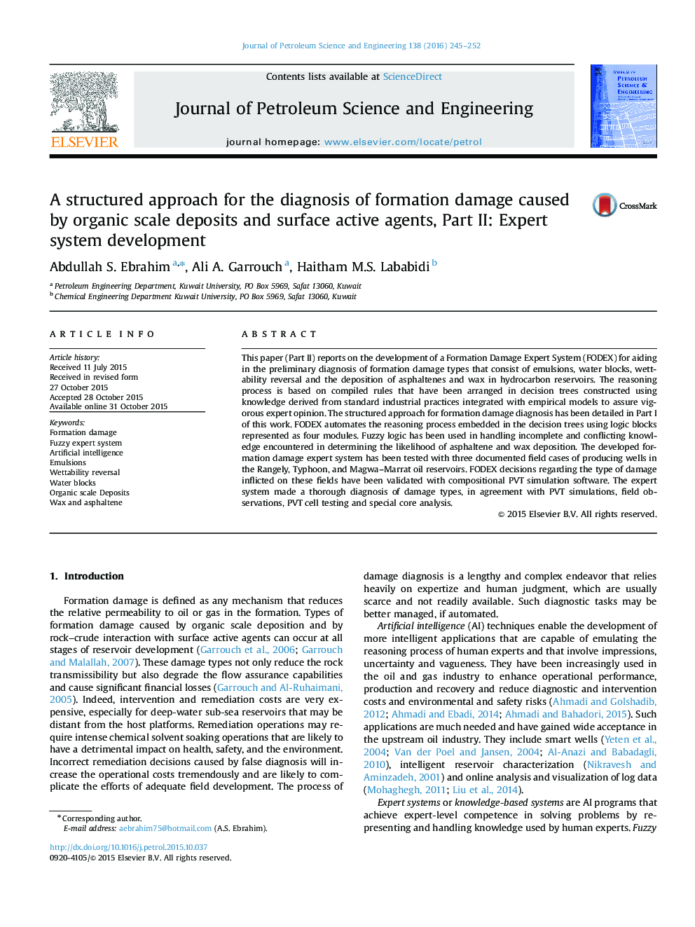 A structured approach for the diagnosis of formation damage caused by organic scale deposits and surface active agents, Part II: Expert system development