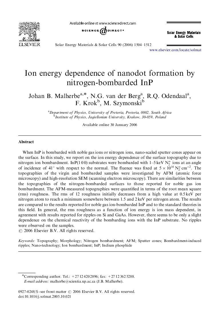 Ion energy dependence of nanodot formation by nitrogen-bombarded InP