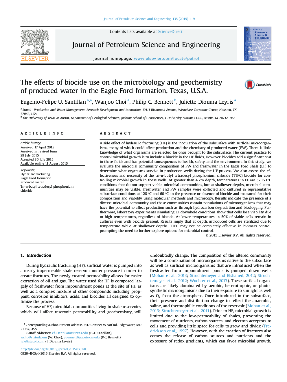 The effects of biocide use on the microbiology and geochemistry of produced water in the Eagle Ford formation, Texas, U.S.A.