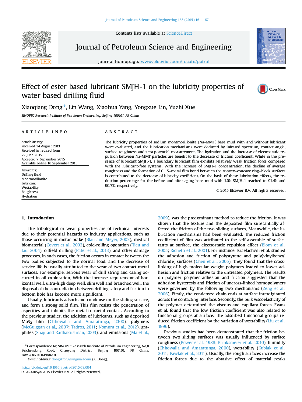 Effect of ester based lubricant SMJH-1 on the lubricity properties of water based drilling fluid