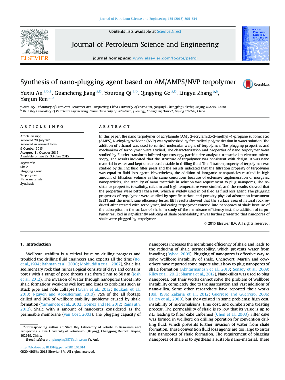 Synthesis of nano-plugging agent based on AM/AMPS/NVP terpolymer