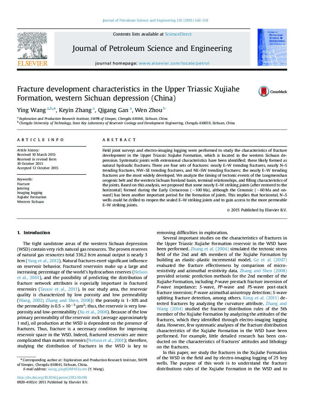 Fracture development characteristics in the Upper Triassic Xujiahe Formation, western Sichuan depression (China)