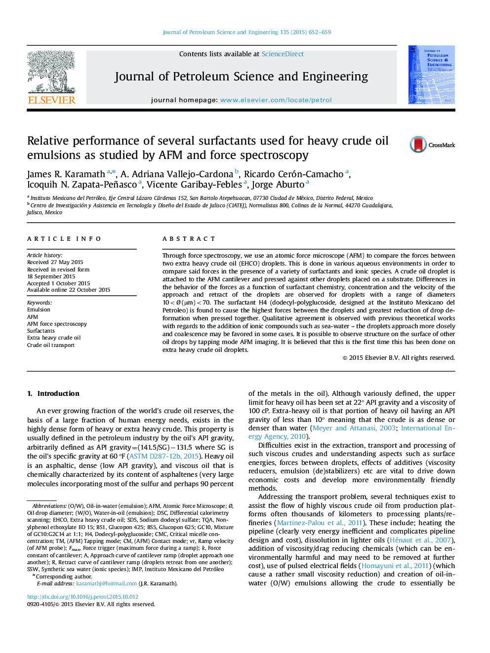 Relative performance of several surfactants used for heavy crude oil emulsions as studied by AFM and force spectroscopy