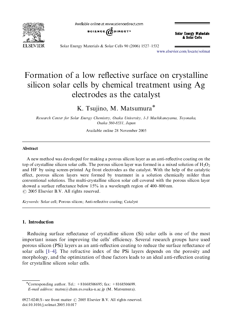 Formation of a low reflective surface on crystalline silicon solar cells by chemical treatment using Ag electrodes as the catalyst