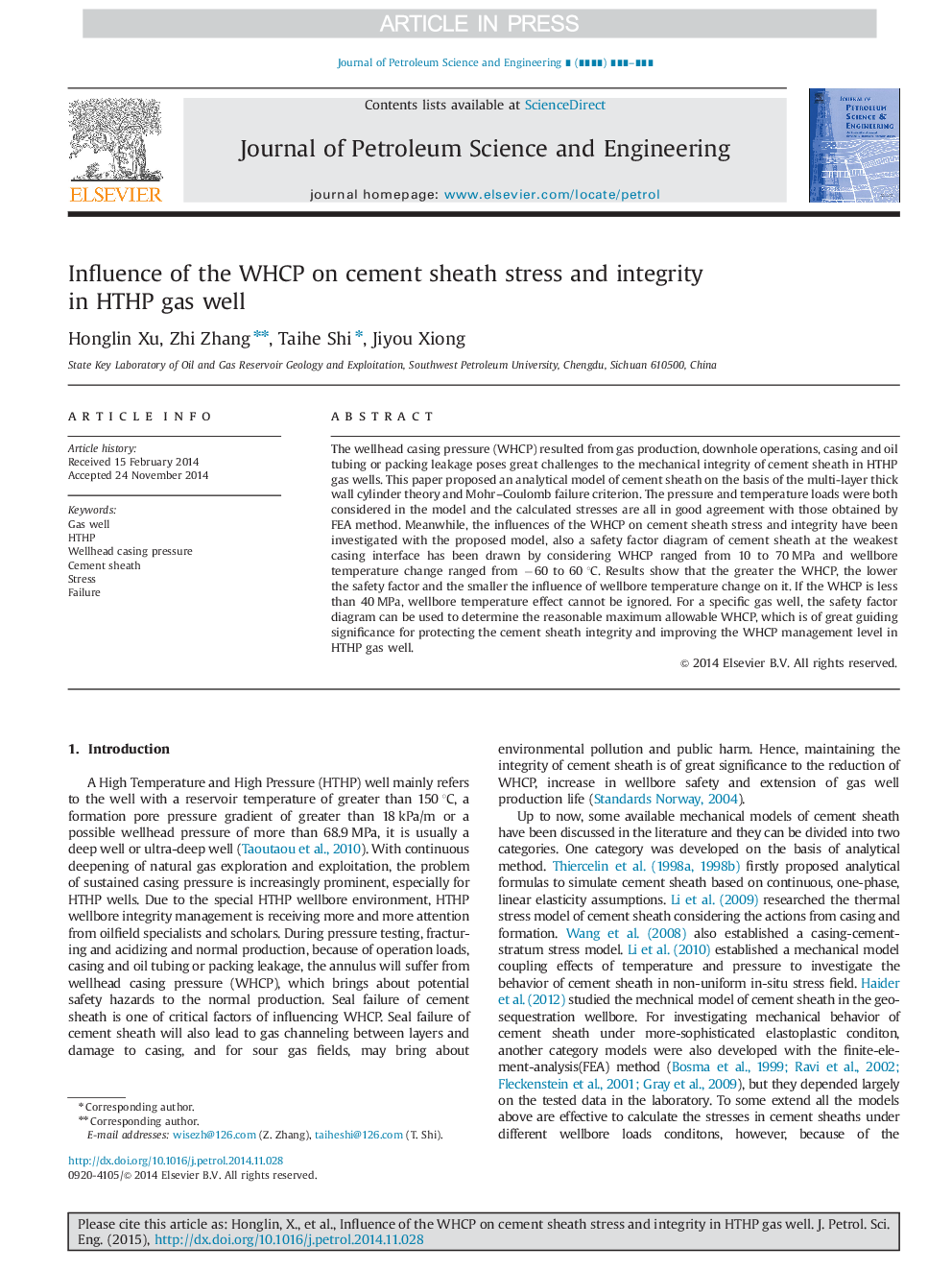 Influence of the WHCP on cement sheath stress and integrity in HTHP gas well