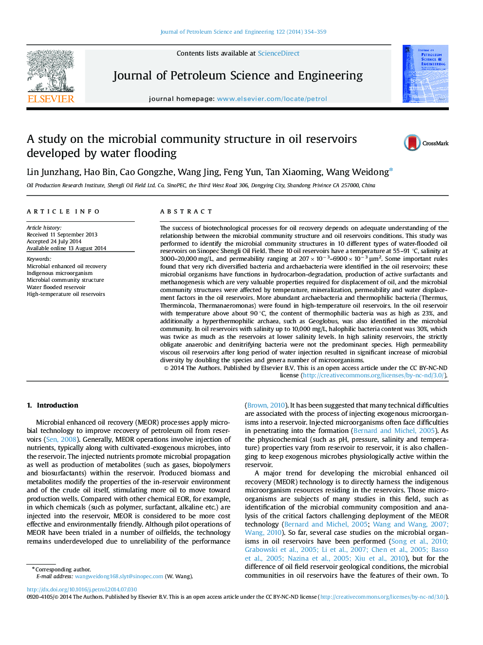 A study on the microbial community structure in oil reservoirs developed by water flooding