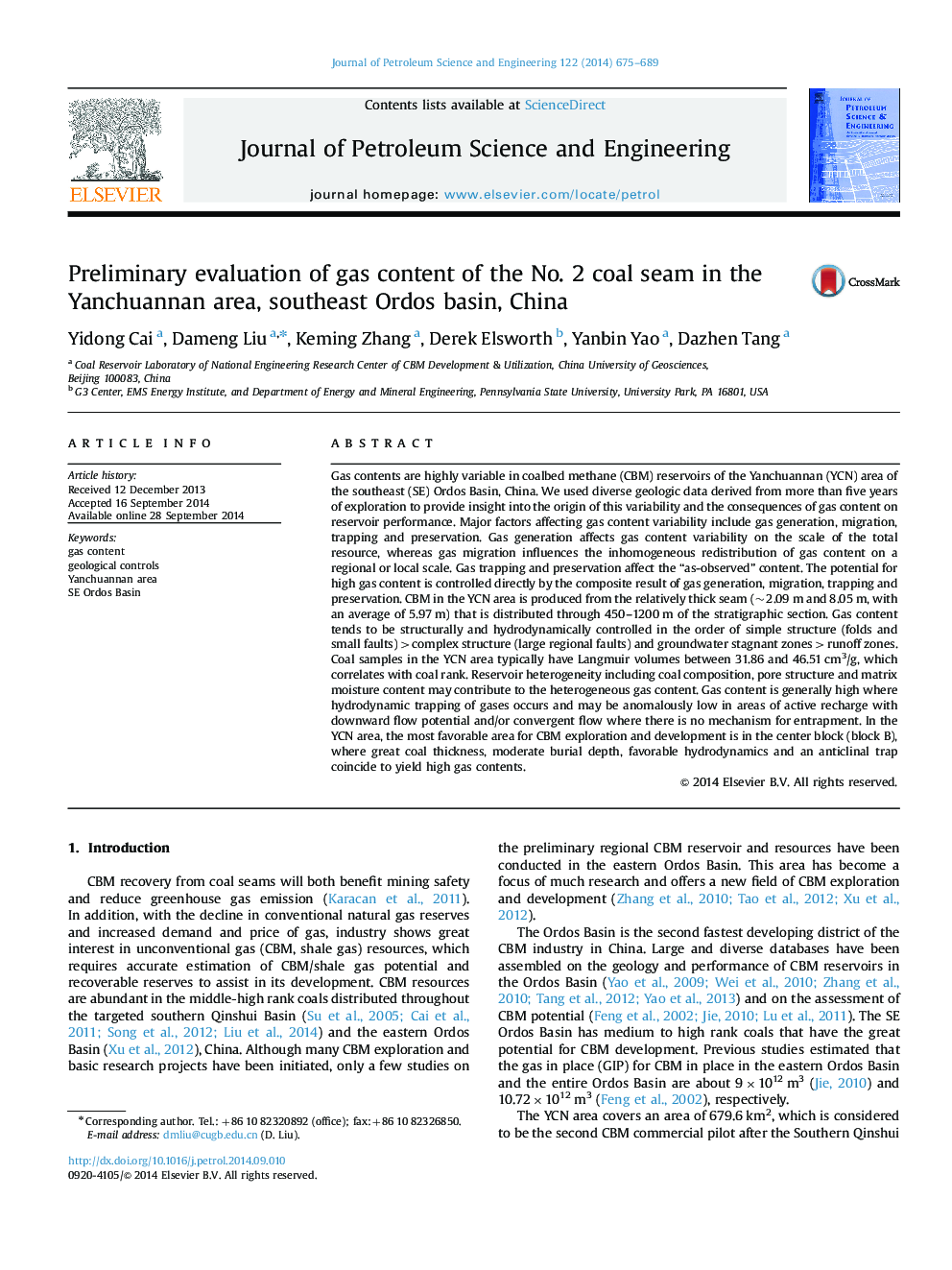 Preliminary evaluation of gas content of the No. 2 coal seam in the Yanchuannan area, southeast Ordos basin, China