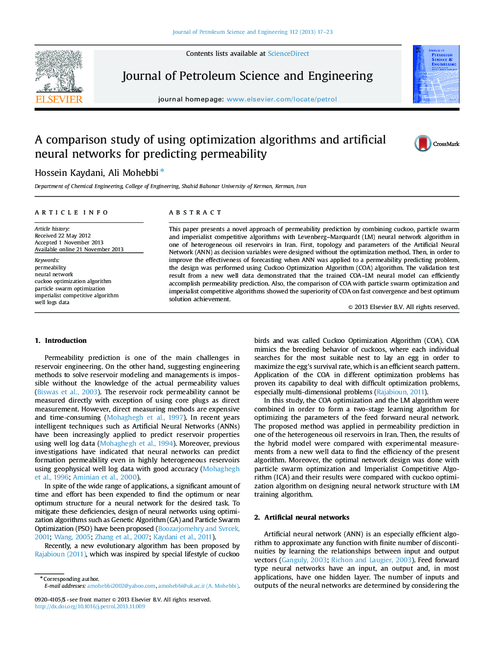 A comparison study of using optimization algorithms and artificial neural networks for predicting permeability