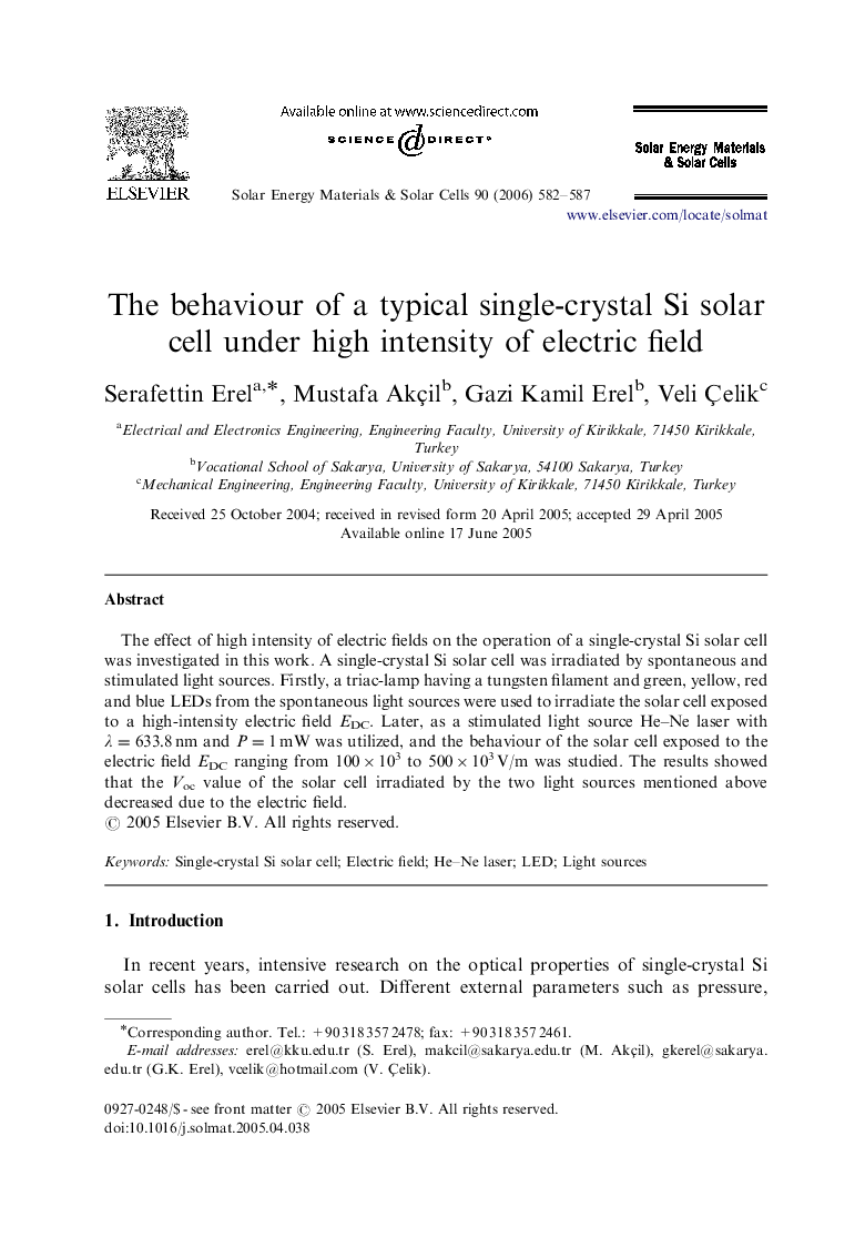 The behaviour of a typical single-crystal Si solar cell under high intensity of electric field