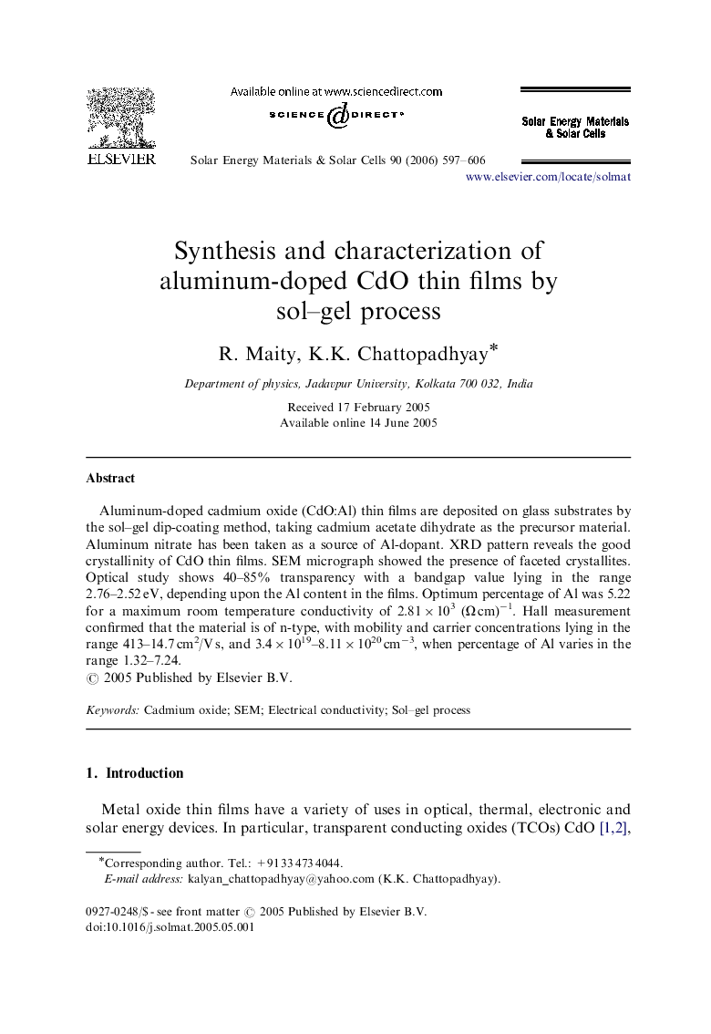 Synthesis and characterization of aluminum-doped CdO thin films by sol–gel process