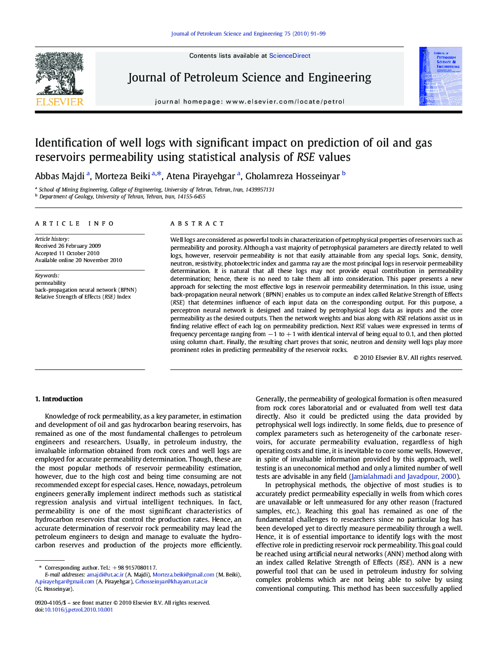 Identification of well logs with significant impact on prediction of oil and gas reservoirs permeability using statistical analysis of RSE values