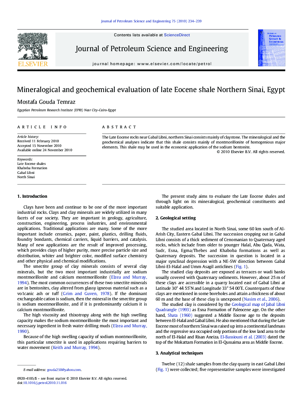 Mineralogical and geochemical evaluation of late Eocene shale Northern Sinai, Egypt