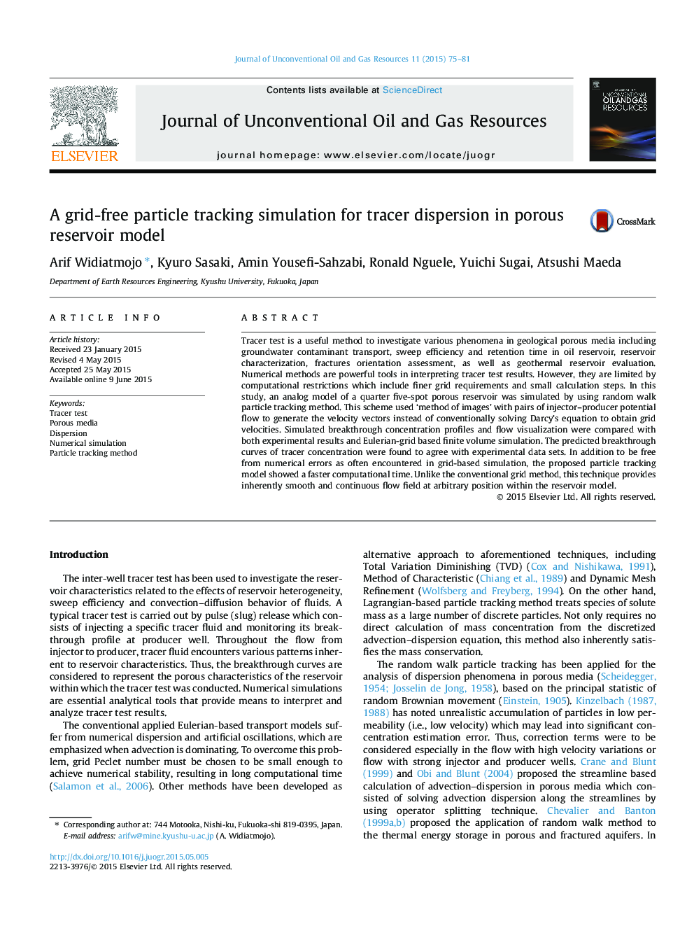 A grid-free particle tracking simulation for tracer dispersion in porous reservoir model