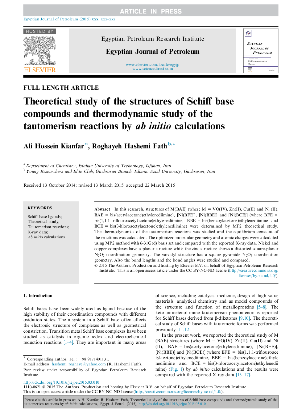 Theoretical study of the structures of Schiff base compounds and thermodynamic study of the tautomerism reactions by ab initio calculations