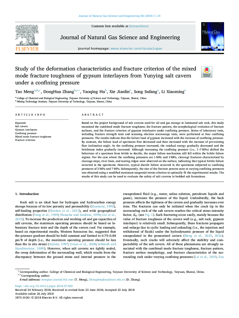 Study of the deformation characteristics and fracture criterion of the mixed mode fracture toughness of gypsum interlayers from Yunying salt cavern under a confining pressure