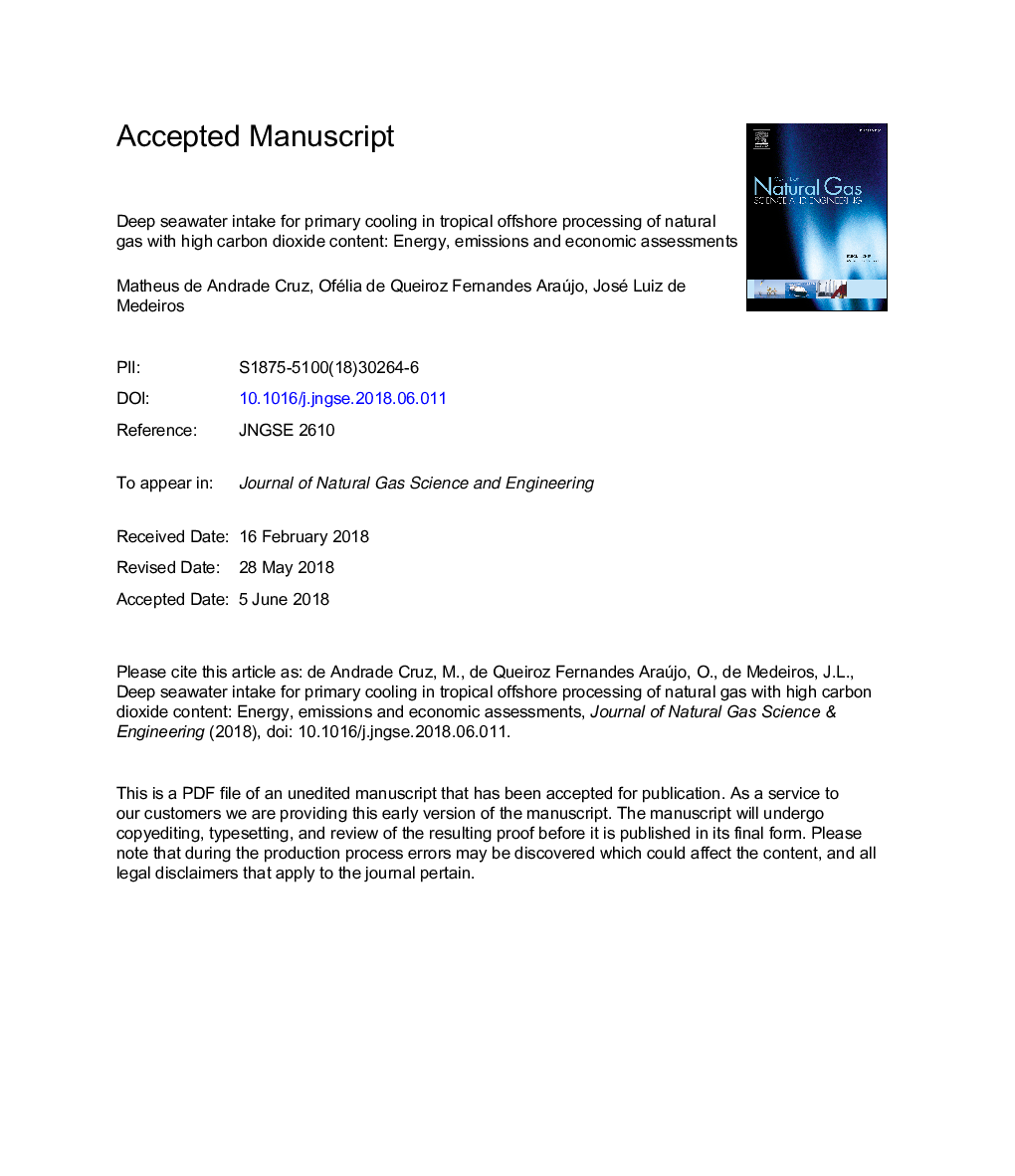 Deep seawater intake for primary cooling in tropical offshore processing of natural gas with high carbon dioxide content: Energy, emissions and economic assessments