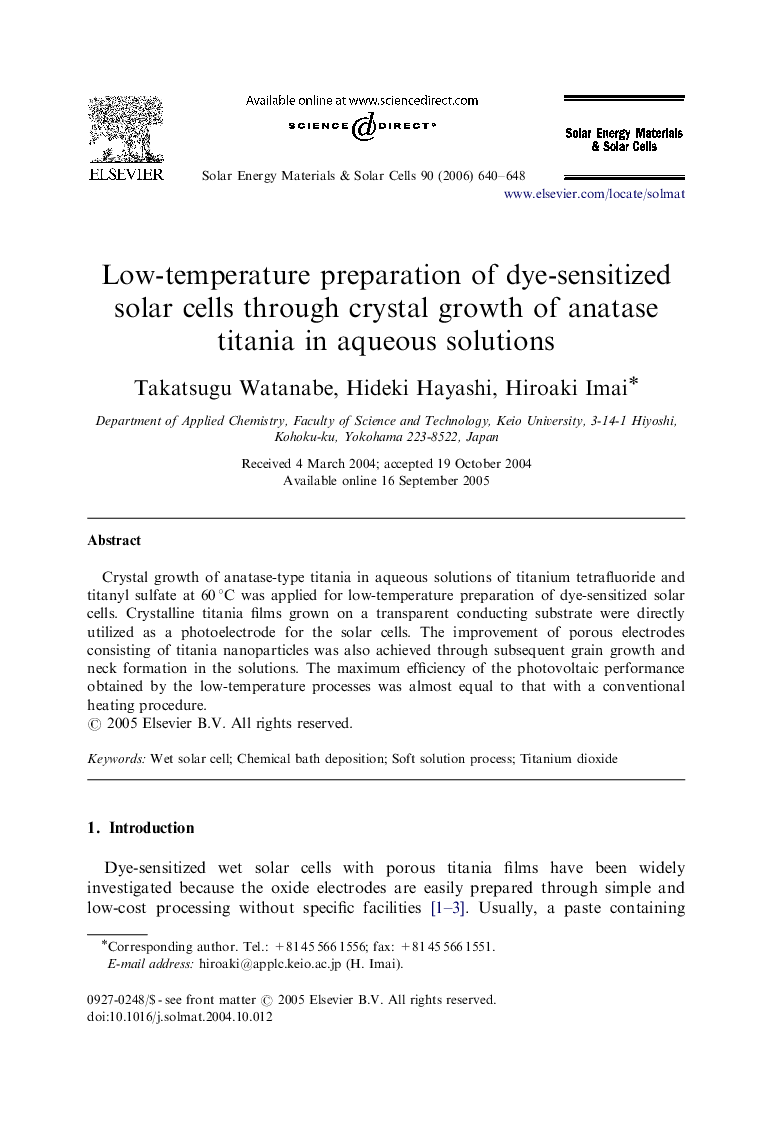 Low-temperature preparation of dye-sensitized solar cells through crystal growth of anatase titania in aqueous solutions