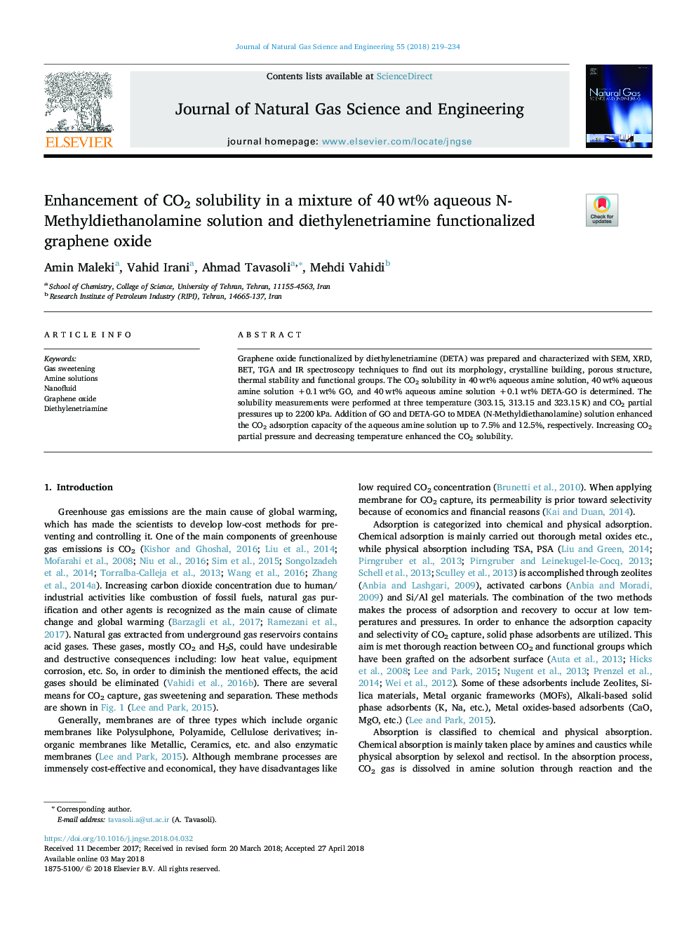 Enhancement of CO2 solubility in a mixture of 40â¯wt% aqueous N-Methyldiethanolamine solution and diethylenetriamine functionalized graphene oxide