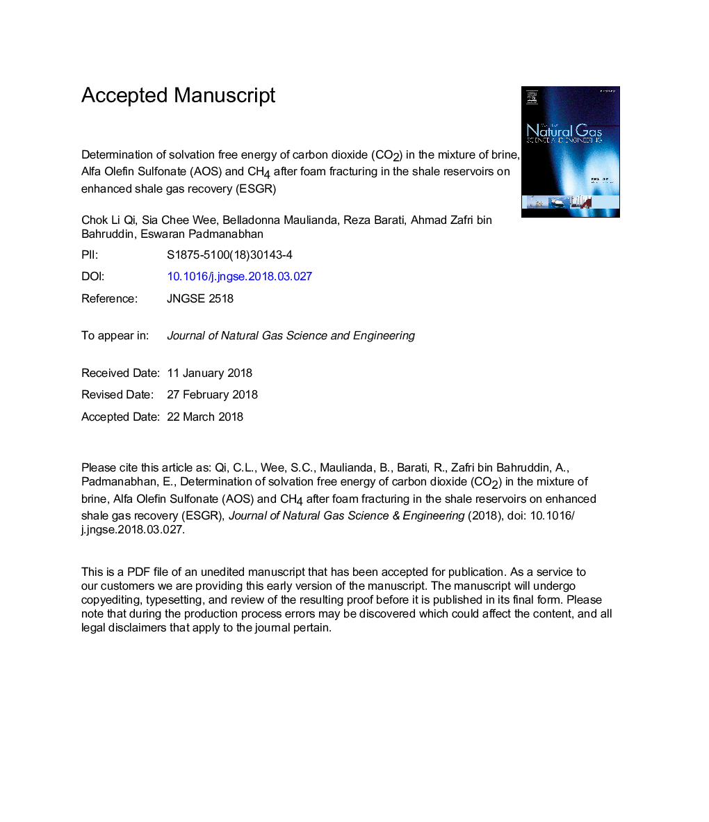 Determination of solvation free energy of carbon dioxide (CO2) in the mixture of brine, Alfa Olefin Sulfonate (AOS) and CH4 after foam fracturing in the shale reservoirs on enhanced shale gas recovery (ESGR)