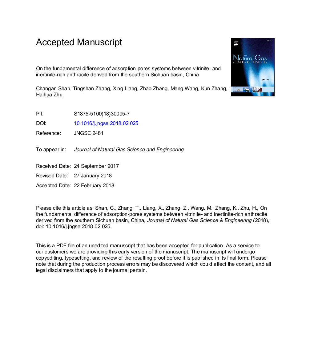 عکس صفحه اول مقاله: On the fundamental difference of adsorption-pores systems between vitrinite- and inertinite-rich anthracite derived from the southern Sichuan basin, China On the fundamental difference of adsorption-pores systems between vitrinite- and inertinite-rich anthracite derived from the southern Sichuan basin, China