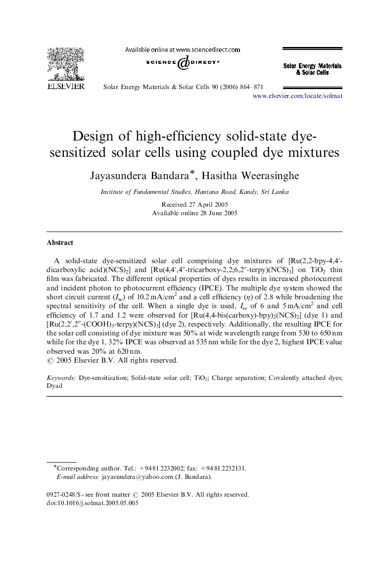 Design of high-efficiency solid-state dye-sensitized solar cells using coupled dye mixtures