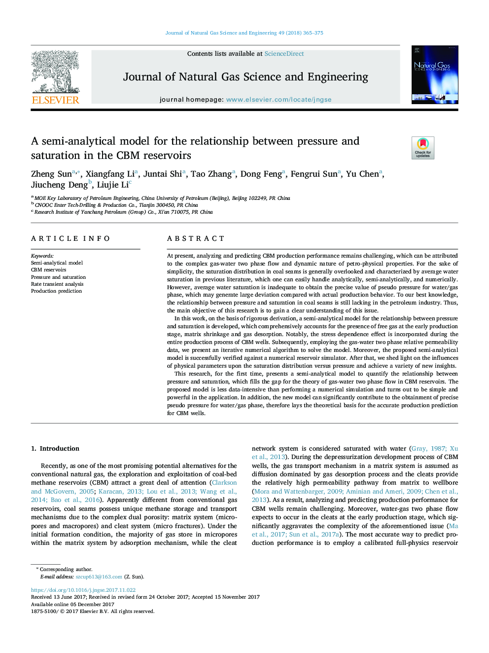 A semi-analytical model for the relationship between pressure and saturation in the CBM reservoirs