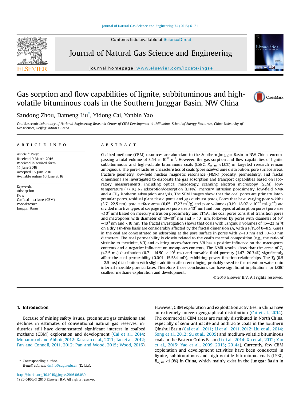 Gas sorption and flow capabilities of lignite, subbituminous and high-volatile bituminous coals in the Southern Junggar Basin, NW China