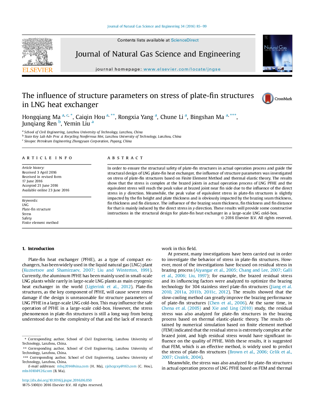 The influence of structure parameters on stress of plate-fin structures in LNG heat exchanger