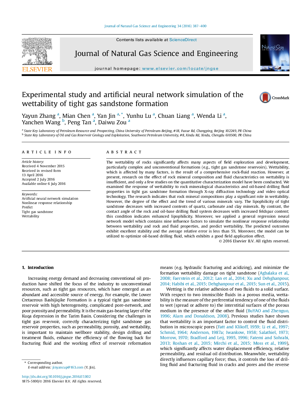 Experimental study and artificial neural network simulation of the wettability of tight gas sandstone formation