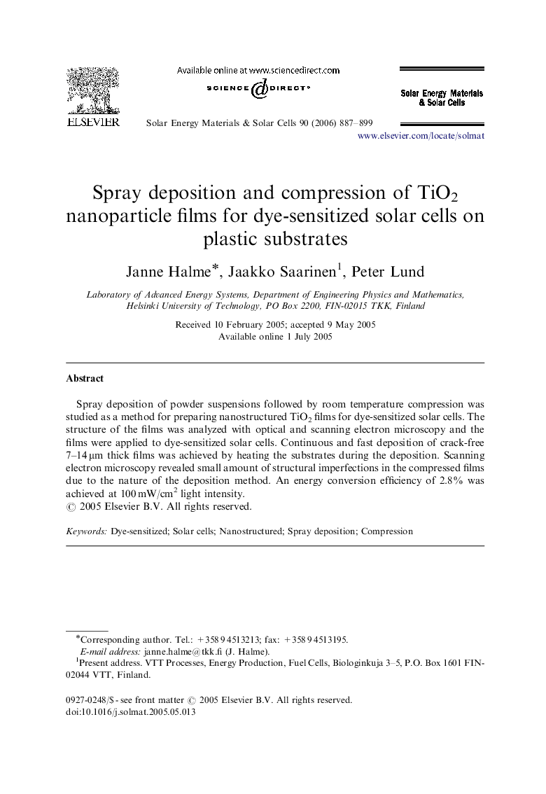 Spray deposition and compression of TiO2 nanoparticle films for dye-sensitized solar cells on plastic substrates