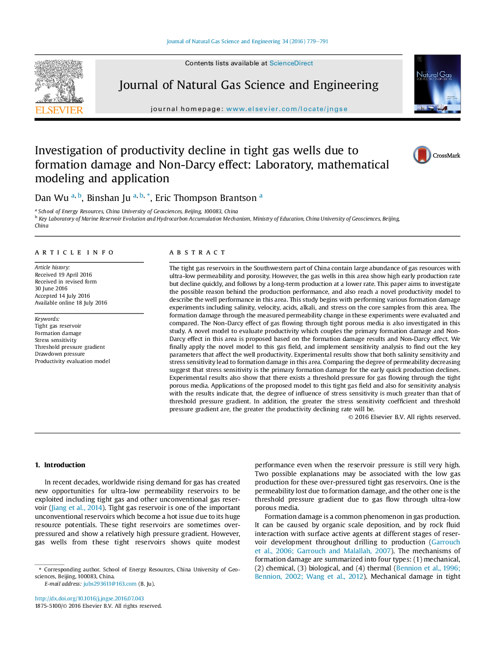 Investigation of productivity decline in tight gas wells due to formation damage and Non-Darcy effect: Laboratory, mathematical modeling and application