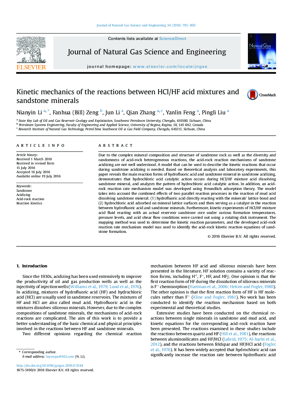 Kinetic mechanics of the reactions between HCl/HF acid mixtures and sandstone minerals