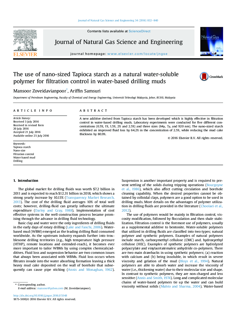 The use of nano-sized Tapioca starch as a natural water-soluble polymer for filtration control in water-based drilling muds