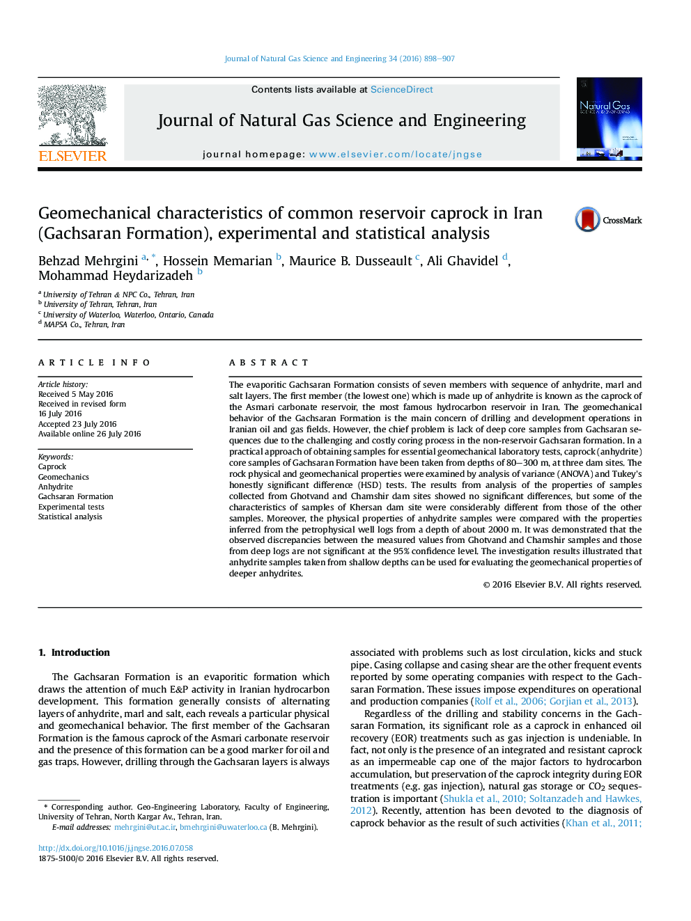 Geomechanical characteristics of common reservoir caprock in Iran (Gachsaran Formation), experimental and statistical analysis