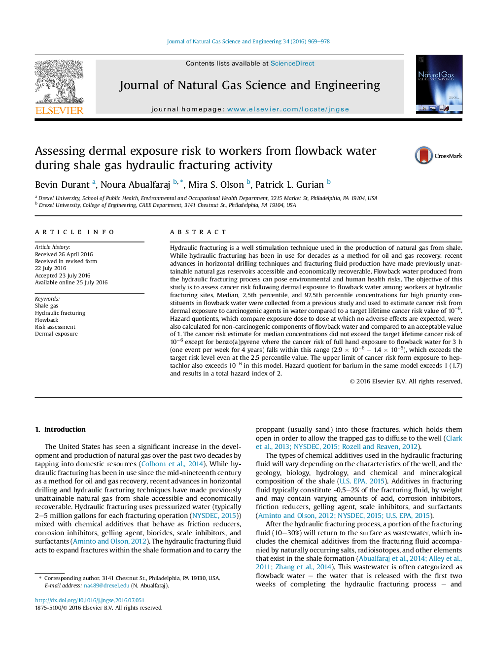 Assessing dermal exposure risk to workers from flowback water during shale gas hydraulic fracturing activity