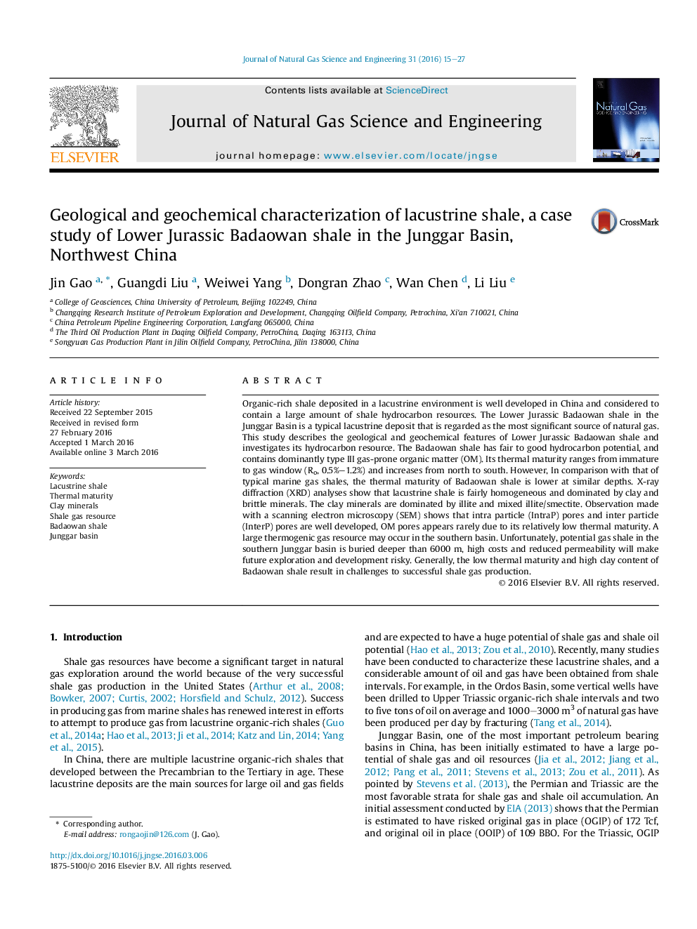 Geological and geochemical characterization of lacustrine shale, a case study of Lower Jurassic Badaowan shale in the Junggar Basin, Northwest China